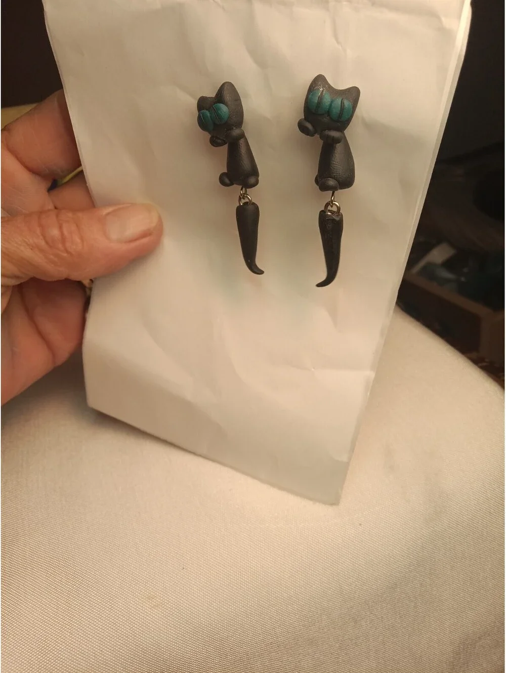 Cute 3D Black Cat Clay Dangle Earrings, Green Eyes, Witchy Gothic Halloween...
